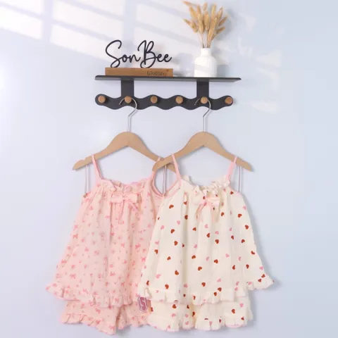 Bộ 2 Dây Bé Gái Vải Xô Muslin SONBEE, Đồ Bộ Mặc Nhà Đồ Ngủ Mùa Hè Cho Bé Phối Bèo Họa Tiết Đáng Yêu