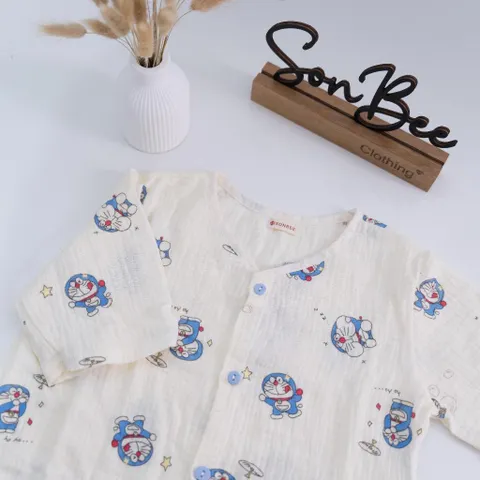Đồ bộ dài bé trai cổ tim SONBEE, chất liệu vải xô muslin cotton mềm mát, áo tay lỡ quần bo