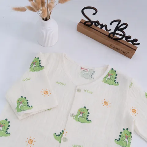 Đồ bộ dài bé trai cổ tim SONBEE, chất liệu vải xô muslin cotton mềm mát, áo tay lỡ quần bo