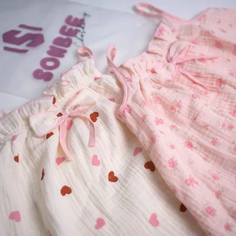 Bộ 2 Dây Bé Gái Vải Xô Muslin SONBEE, Đồ Bộ Mặc Nhà Đồ Ngủ Mùa Hè Cho Bé Phối Bèo Họa Tiết Đáng Yêu