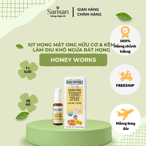 Xịt Họng Keo Hữu Cơ HoneyWorks Kids 30ml - Giảm Ho, Đau Họng Cho Bé Từ 1 Tuổi - Tăng Cường Miễn Dịch