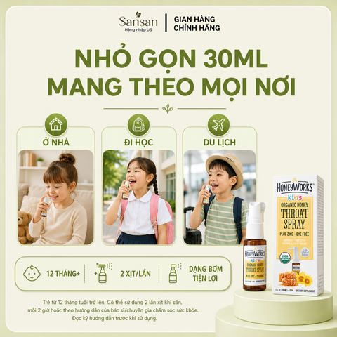 Xịt Họng Keo Hữu Cơ HoneyWorks Kids 30ml - Giảm Ho, Đau Họng Cho Bé Từ 1 Tuổi - Tăng Cường Miễn Dịch