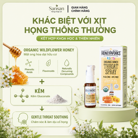 Xịt Họng Keo Hữu Cơ HoneyWorks Kids 30ml - Giảm Ho, Đau Họng Cho Bé Từ 1 Tuổi - Tăng Cường Miễn Dịch