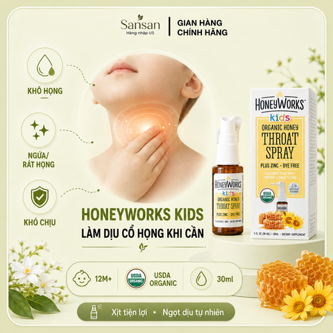 Xịt Họng Keo Hữu Cơ HoneyWorks Kids 30ml - Giảm Ho, Đau Họng Cho Bé Từ 1 Tuổi - Tăng Cường Miễn Dịch