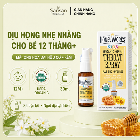 Xịt Họng Keo Hữu Cơ HoneyWorks Kids 30ml - Giảm Ho, Đau Họng Cho Bé Từ 1 Tuổi - Tăng Cường Miễn Dịch