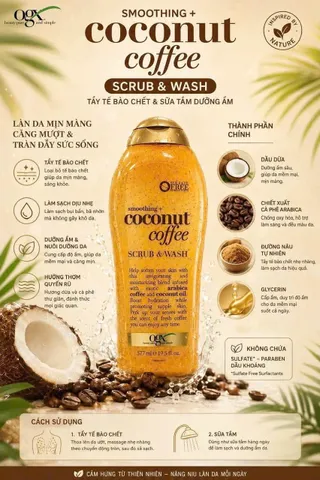 (HÀNG CHÍNH HÃNG MỸ) SỮA TẮM TẨY TBC OGX BEAUTY SMOOTHING COCONUT COFFEE SCUB & WASH 577ML