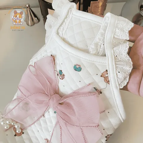 Váy Tiểu Thư Nơ Ren Ngọc (Tặng kẹp nơ) cho thú cưng - Áo, váy cho chó mèo, thú cưng - Ziềng iu Petshop