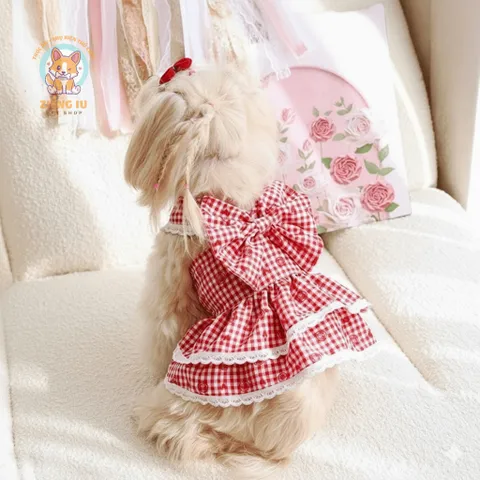Váy Red Velvet đỏ nơ tầng (Tặng kẹp nơ) - Áo, váy cho chó mèo, thú cưng - Ziềng iu Petshop