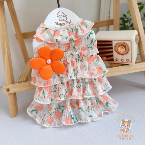 Váy hoa tầng cam đào (Tặng kẹp nơ) - Áo, váy cho chó mèo, thú cưng - Ziềng iu Petshop