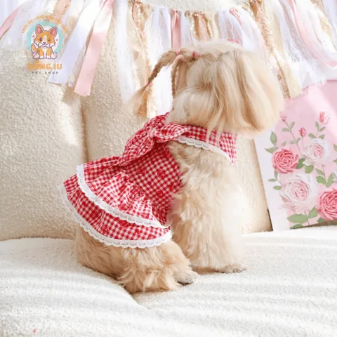 Váy Red Velvet đỏ nơ tầng (Tặng kẹp nơ) - Áo, váy cho chó mèo, thú cưng - Ziềng iu Petshop