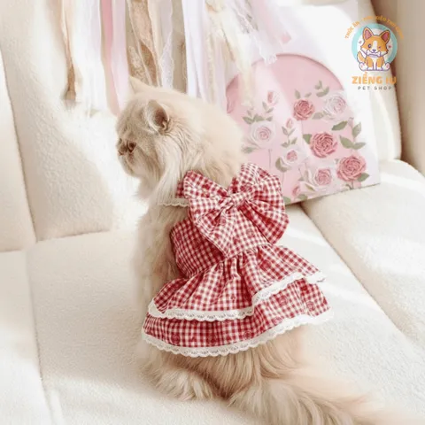 Váy Red Velvet đỏ nơ tầng (Tặng kẹp nơ) - Áo, váy cho chó mèo, thú cưng - Ziềng iu Petshop