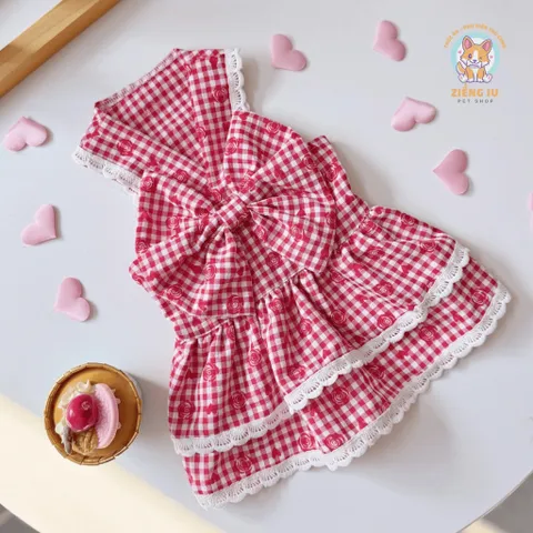 Váy Red Velvet đỏ nơ tầng (Tặng kẹp nơ) - Áo, váy cho chó mèo, thú cưng - Ziềng iu Petshop