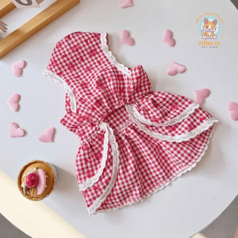 Váy Red Velvet đỏ nơ tầng (Tặng kẹp nơ) - Áo, váy cho chó mèo, thú cưng - Ziềng iu Petshop