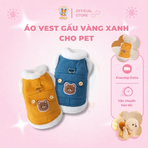 Áo vest gấu vàng xanh cho Pet, áo bò denim cho chó mèo - Áo cho chó mèo, thú cưng - Ziềng iu Petshop