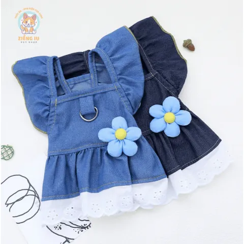 Váy bò jeans hoa xinh (Tặng kẹp nơ) cho thú cưng - Áo, váy cho chó mèo, thú cưng - Ziềng iu Petshop