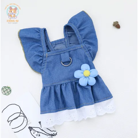 Váy bò jeans hoa xinh (Tặng kẹp nơ) cho thú cưng - Áo, váy cho chó mèo, thú cưng - Ziềng iu Petshop
