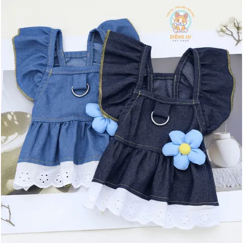 Váy bò jeans hoa xinh (Tặng kẹp nơ) cho thú cưng - Áo, váy cho chó mèo, thú cưng - Ziềng iu Petshop