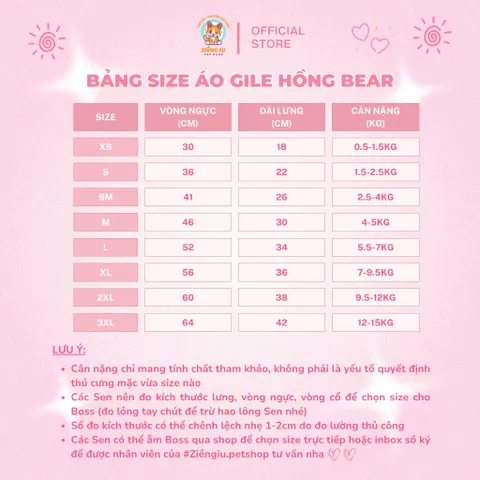 Áo Khoác Gile Bear Hồng (Tặng kẹp nơ) cho thú cưng - Áo, váy cho chó mèo, thú cưng - Ziềng iu Petshop