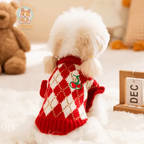 Áo Len Cherry Diamond (Tặng kẹp nơ) cho thú cưng - Áo, váy cho chó mèo, thú cưng - Ziềng iu Petshop