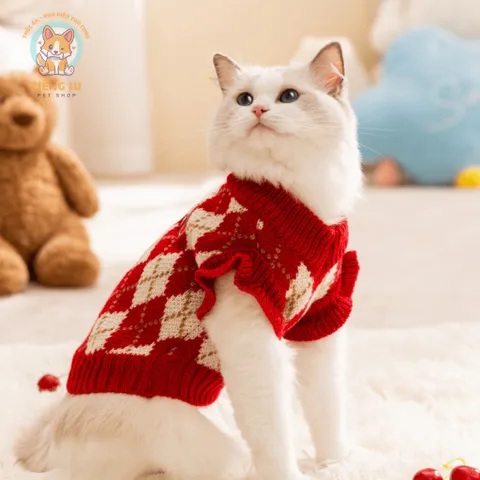 Áo Len Cherry Diamond (Tặng kẹp nơ) cho thú cưng - Áo, váy cho chó mèo, thú cưng - Ziềng iu Petshop
