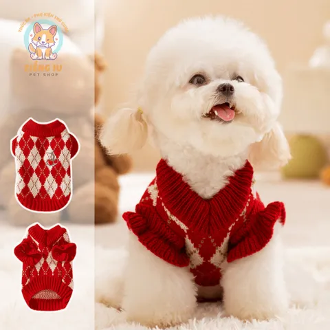 Áo Len Cherry Diamond (Tặng kẹp nơ) cho thú cưng - Áo, váy cho chó mèo, thú cưng - Ziềng iu Petshop
