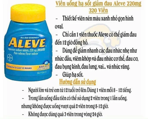 (HÀNG CHÍNH HÃNG MỸ) VIÊN GIẢM ĐAU HẠ SỐT ALEVE NAPROXEN SODIUM 320 viên