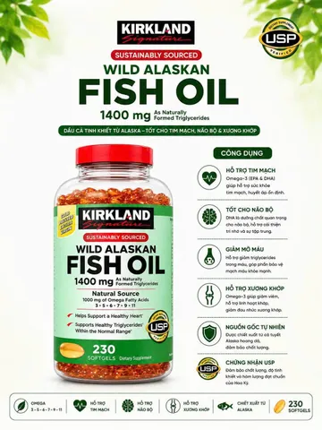 ( HÀNG CHÍNH HÃNG MỸ) VIÊN UỐNG DẦU CÁ ALASKA OMEGA KIRKLAND 1400mg 230 viên