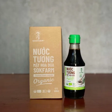 Nước tương mật hoa dừa organic Sokfarm nắp xanh ít muối size 200ml - nước tương không chứa đậu nành