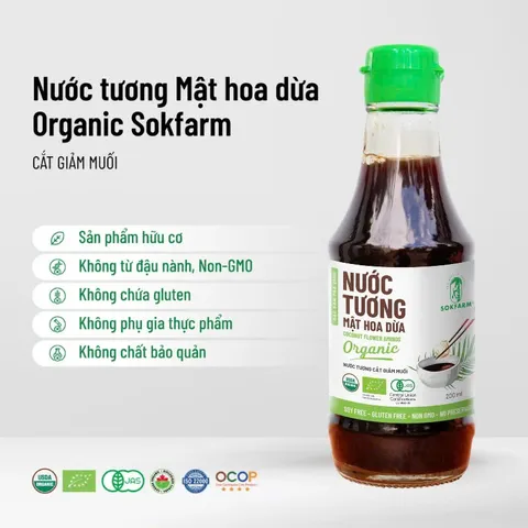 [Size mini 60ml] Nước tương mật hoa dừa Organic Sokfarm dòng ít muối (nắp xanh) 802317