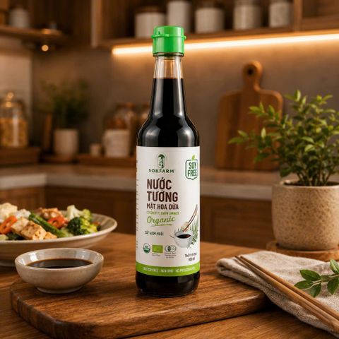 Size 500ml nước tương mật hoa dừa Sokfarm không chứa đậu nành