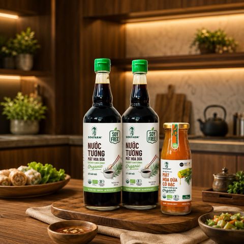 Mua 2 tặng 1 - Combo 2 nước tương mật hoa dừa Sokfarm 500ml tặng 1 mật hoa dừa cô đặc 250g
