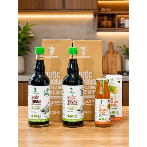Mua 2 tặng 1 - Combo 2 nước tương mật hoa dừa Sokfarm 500ml tặng 1 mật hoa dừa cô đặc 250g
