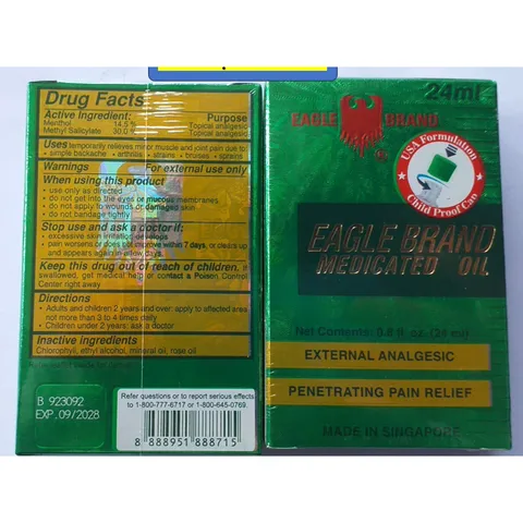 01 Chai Dầu Gió Xanh Con Ó Eagle Brand 2 Nắp Mỹ 24ML mẫu rồng(Singapore sx cho thị trường Mỹ)