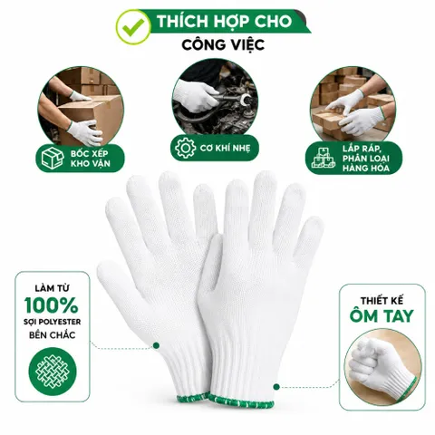 Combo 100 Đôi Găng Tay Polyster Trắng Dày Dặn Khó Rách Cho Cơ Khí - Đi Biển - Làm Vườn - POLY75G