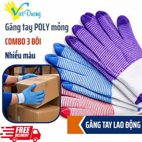 Set 3 Găng Tay Sọc Nhiều Màu Chống Trượt Mỏng Nhẹ Thoáng Khí Bảo Hộ Lao Động + Chống Nắng - POLY3MAU