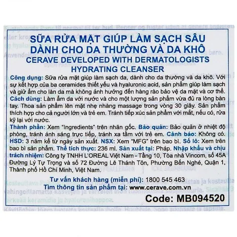 Sữa rửa mặt cho da thường và khô Cerave Hydrating Cleanser 236ml