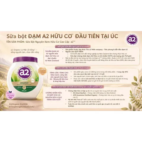 Sữa bột A2 nguyên kem hữu cơ cao cấp A2 Organic Premium Full Cream 800gr