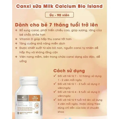 Tem phụ Canxi Sữa (Bioisland) Bio Island Milk Calcium For Kid Úc Giúp Chắc Khỏe Xương Cho Bé - Hộp 90 Viên