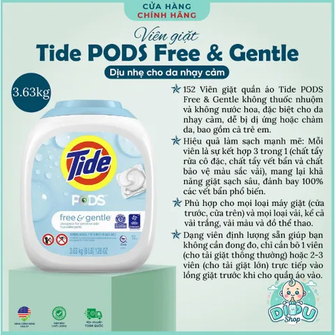 Bình viên giặt xả Tide Pods Free & Gentle Mỹ giúp trắng sáng quần áo, phù hợp da nhạy cảm da em bé