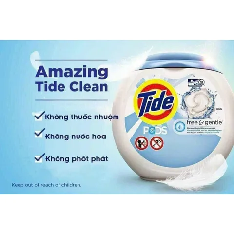 Bình viên giặt xả Tide Pods Free & Gentle Mỹ giúp trắng sáng quần áo, phù hợp da nhạy cảm da em bé