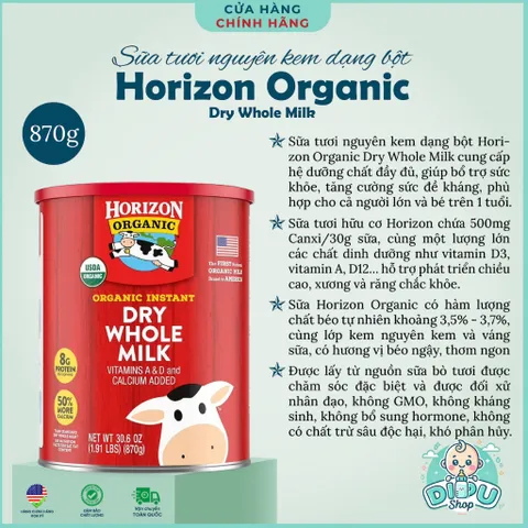 870g Sữa Bột Nguyên Kem Horizon Organic Mỹ Hữu Cơ Canxi D3 Tăng Chiều Cao