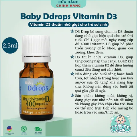 Vitamin D3 Nhỏ Giọt Baby Ddrops 400IU 90 Giọt 2.5ml Organic Mỹ
