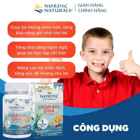 180 viên Dầu Cá Nordic Children's DHA Mini Omega 3 250mg Vị Dâu Cho Bé 3-6 Tuổi Phát Triển Trí Não