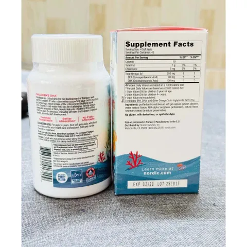 180 viên Dầu Cá Nordic Children's DHA Mini Omega 3 250mg Vị Dâu Cho Bé 3-6 Tuổi Phát Triển Trí Não