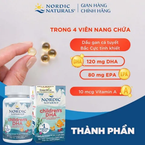 180 viên Dầu Cá Nordic Children's DHA Mini Omega 3 250mg Vị Dâu Cho Bé 3-6 Tuổi Phát Triển Trí Não