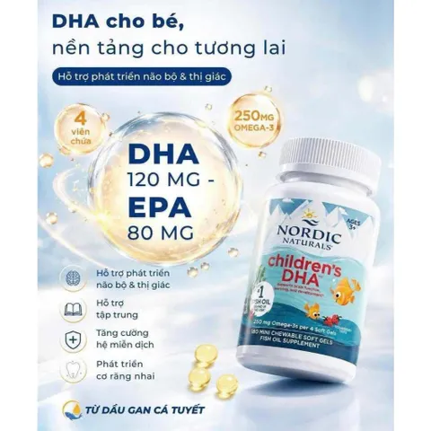 180 viên Dầu Cá Nordic Children's DHA Mini Omega 3 250mg Vị Dâu Cho Bé 3-6 Tuổi Phát Triển Trí Não