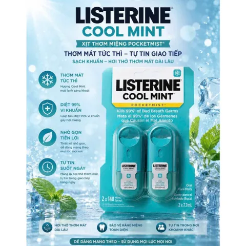SET Xịt thơm miệng Listerin Pocket Mist Cool Mint 7,7ml*2