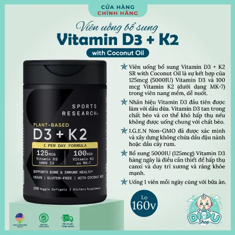 Vitamin D3 + K2 SPORTS RESEARCH SR mẫu mới Veggie Softgels