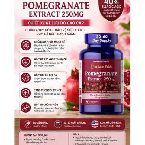 Viên Uống Lựu Chống Nắng Nội Sinh, Trắng Da, Giảm Nám Pomegranate Extract 250mg Puritan's Pride