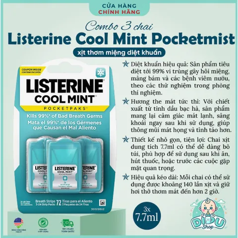 Miếng ngậm thơm miệng Listerine Pocketpaks (Vĩ 3 hộp x 24 miếng)
